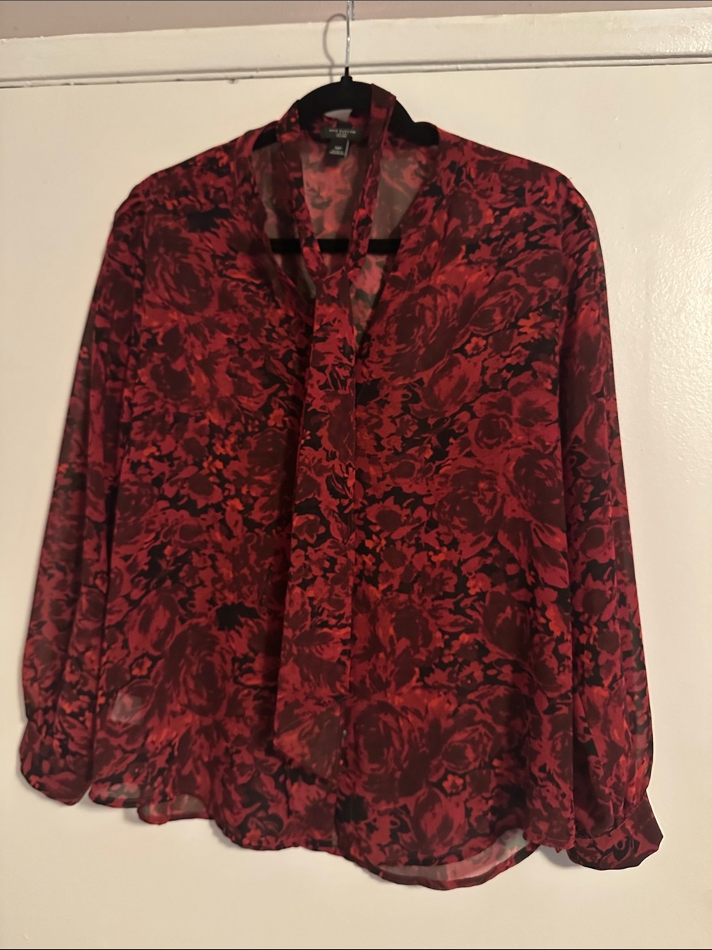 Ann Taylor Red and Black Floral Sheer Blouse
